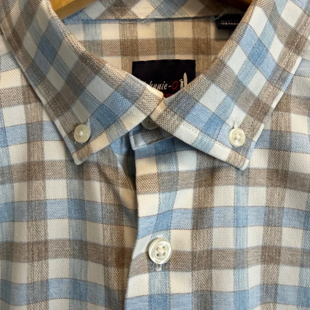 Johnnie-O Boys McArthur Performance Check Button Down Shirt Blue Bamboo Size 14